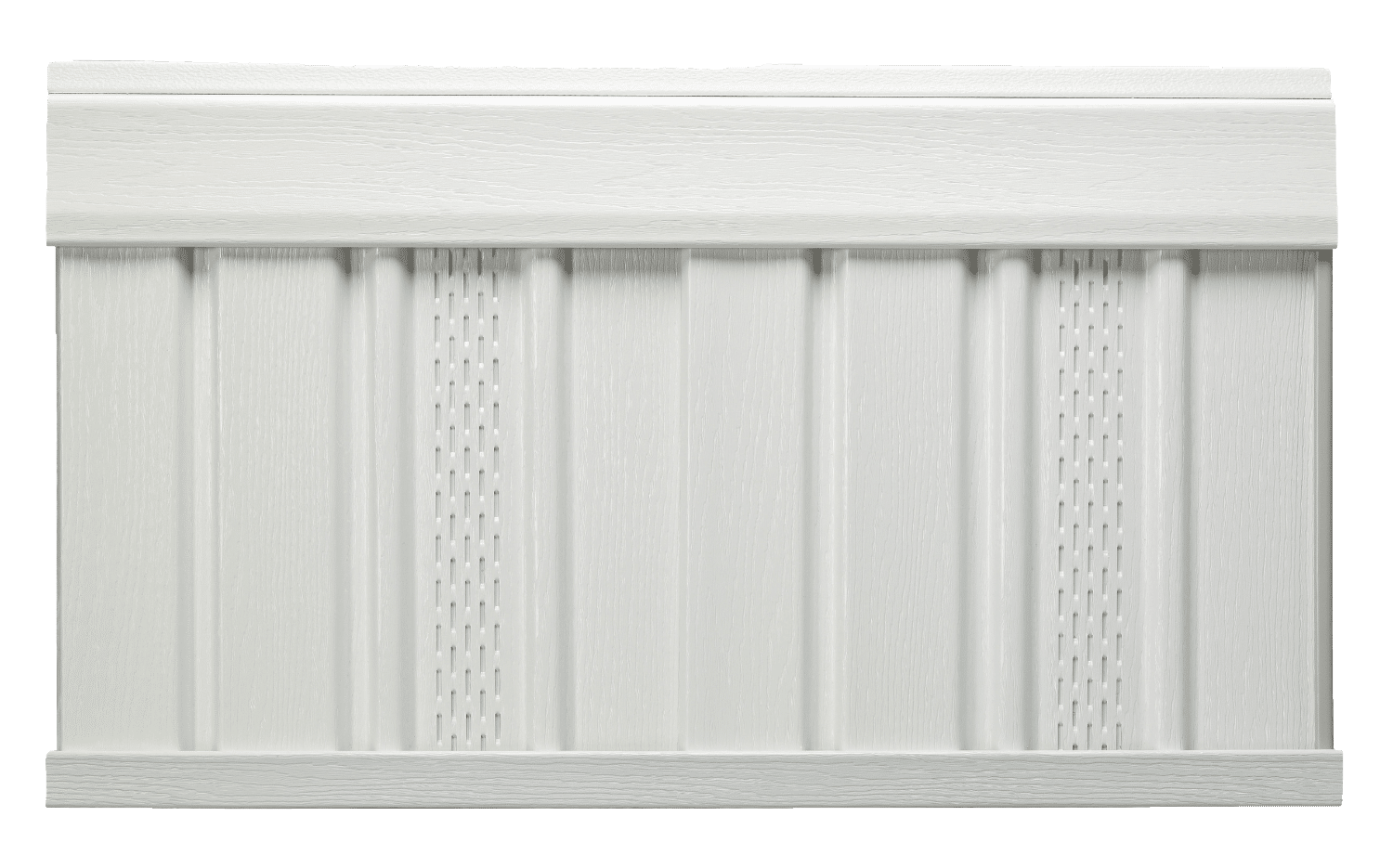 White vertical wall panel with alternating solid and perforated slats. Designed for ventilation or decorative purposes. Simple rectangular construction.
