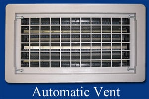 A rectangular automatic vent is displayed against a blue background with text labeling it. The vent features horizontal and vertical grilles.